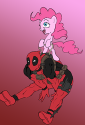 Size: 1336x1968 | Tagged: safe, artist:edcom02, artist:joelashimself, pinkie pie, earth pony, human, pony, g4, colored, coloring, crossover, deadpool, female, mare, marvel, ponies riding humans, riding, wade wilson, we are doomed, xk-class end-of-the-world scenario