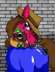 Size: 1009x1313 | Tagged: safe, artist:calbeck, oc, oc only, oc:cherry pie, fallout equestria, fallout equestria: new pegas, fun suit, gun, permanent, trapped in suit