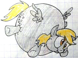 Size: 2433x1822 | Tagged: safe, artist:stinkek, derpy hooves, pegasus, pony, g4, air inflation, female, floating, inflation, mare, puffy cheeks, solo, spherical inflation, traditional art