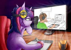 Size: 4093x2894 | Tagged: safe, artist:alcor, twilight sparkle, human, pony, g4, computer, drawing, droste effect, ergonomics, first you draw a circle, headphones, hoof strap, inception, irony, recursion, sternocleidomastoid, tablet, we need to go deeper