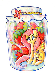 Size: 1365x1837 | Tagged: safe, artist:freesavanna, fluttershy, g4, female, jar, pony in a bottle, solo, strawberry
