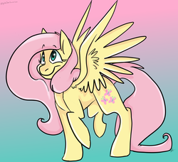 Size: 1451x1321 | Tagged: safe, artist:ahsystemdown, artist:g-elric, part of a set, fluttershy, pegasus, pony, g4, cutie mark, female, gradient background, mare, raised hoof, smiling, solo, spread wings, wings