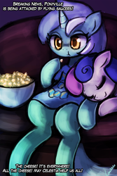 Size: 750x1125 | Tagged: safe, artist:lumineko, bon bon, lyra heartstrings, sweetie drops, earth pony, pony, unicorn, g4, couch, dialogue, eating, eyes closed, female, lesbian, mare, popcorn, ship:lyrabon, shipping, sleeping, smiling