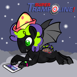 Size: 2700x2700 | Tagged: safe, artist:toonbat, oc, oc only, oc:super trampoline, bat pony, pony, cloud, commission, fimfiction, french horn, green eyes, hat, high res, musical instrument, prone, reading, solo, stars, tablet, unshorn fetlocks, watch
