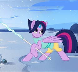Size: 604x555 | Tagged: safe, artist:anomalka, twilight sparkle, alicorn, pony, g4, crossover, female, gem, mare, missing horn, pearl, pearl (steven universe), solo, spear, steven universe, twilight sparkle (alicorn), weapon