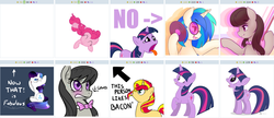 Size: 1280x551 | Tagged: safe, dj pon-3, octavia melody, pinkie pie, rarity, sunset shimmer, twilight sparkle, vinyl scratch, alicorn, pony, derpibooru, g4, exploitable meme, female, juxtaposition, juxtaposition win, lesbian, meme, meta, ship:scratchtavia, ship:sunsetpie, shipping, twilight sparkle (alicorn)