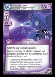 Size: 359x500 | Tagged: safe, enterplay, princess luna, star swirl the bearded, pegasus, pony, equestrian odysseys, g4, my little pony collectible card game, card, ccg, eyes closed, female, gibbous, magic, mare, solo