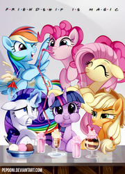 Size: 992x1376 | Tagged: safe, artist:pepooni, applejack, fluttershy, pinkie pie, rainbow dash, rarity, twilight sparkle, earth pony, pegasus, pony, unicorn, bronycon, g4, backwards cutie mark, f.r.i.e.n.d.s, friends, ice cream, magic, mane six, milkshake, poster