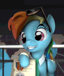 Size: 552x664 | Tagged: safe, artist:juiceboxalvin, rainbow dash, pegasus, pony, g4, 3d, animated, female, looking at you, mare, medal, necktie, smiling, source filmmaker, sunglasses, unamused, youtube link