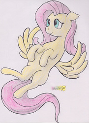 Size: 4231x5832 | Tagged: safe, artist:r0cketsquid, fluttershy, pegasus, pony, g4, absurd resolution, drawing, female, on back, solo, spread wings, traditional art
