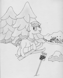 Size: 1280x1587 | Tagged: safe, artist:r0cketsquid, double diamond, earth pony, pony, g4, clothes, looking back, monochrome, mountain, mountain range, scarf, skis, snow, traditional art