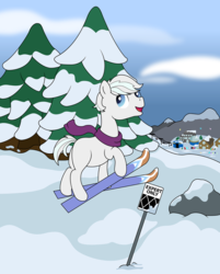 Size: 1280x1590 | Tagged: safe, artist:r0cketsquid, double diamond, g4, clothes, looking back, male, missing cutie mark, mountain, mountain range, pun, scarf, skis, snow, solo, vector