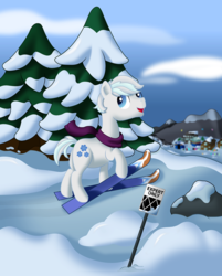 Size: 1280x1590 | Tagged: safe, artist:r0cketsquid, double diamond, earth pony, pony, g4, clothes, looking back, mountain, mountain range, scarf, skis, snow