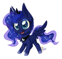 Size: 800x753 | Tagged: safe, artist:unisoleil, princess luna, alicorn, pony, g4, chibi, cute, female, looking at you, lunabetes, mare, open mouth, simple background, smiling, solo, sparkles, sparkly eyes, spread wings, transparent background, wingding eyes, wings