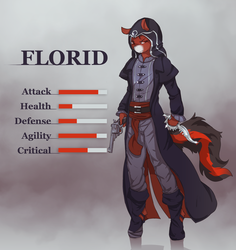 Size: 3000x3176 | Tagged: safe, artist:fruitbloodmilkshake, oc, oc only, oc:florid, earth pony, anthro, unguligrade anthro, cloak, clothes, gun, high res, knife, red and black oc, solo, statistics