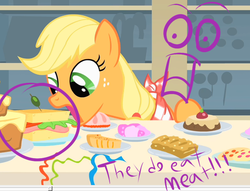 Size: 500x382 | Tagged: safe, edit, edited screencap, screencap, applejack, g4, adventure in the comments, food, ham, hatless, meat, missing accessory, ponies eating meat, sandwich, slowpoke