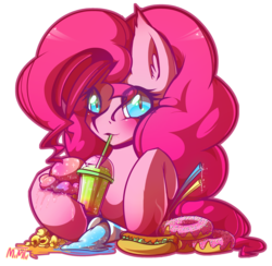 Size: 2674x2608 | Tagged: dead source, safe, artist:mimtii, pinkie pie, earth pony, pony, g4, 7-eleven, blushing, candy, cute, donut, drinking, female, food, heart eyes, high res, hoof hold, hot dog, ice cream, junk food, looking at you, pixie stix, popcorn, simple background, slurpee, smiling, snow cone, solo, straw, transparent background, wingding eyes