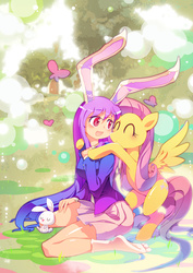 Size: 880x1245 | Tagged: safe, artist:sweetsound, angel bunny, fluttershy, youkai, bunny ears, clothes, crossover, jacket, reisen udongein inaba, socks, touhou