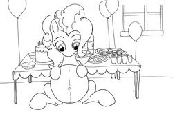 Size: 3334x2338 | Tagged: safe, artist:seenty, pinkie pie, g4, belly, belly button, female, high res, looking down, monochrome, party, preggy pie, pregnant, solo