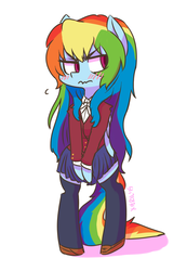 Size: 838x1209 | Tagged: safe, artist:xieril, rainbow dash, pegasus, pony, semi-anthro, alternate hairstyle, bipedal, blushing, clothes, cosplay, crossover, cute, dashabetes, embarrassed, female, frown, glare, looking away, mare, no catchlights, pleated skirt, school uniform, schoolgirl, signature, simple background, skirt, socks, solo, taiga aisaka, thigh highs, toradora, tsunderainbow, tsundere, wavy mouth, white background, zettai ryouiki