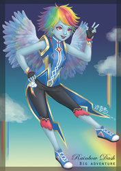 Size: 600x848 | Tagged: artist needed, safe, artist:maisherly, rainbow dash, human, g4, alternate hairstyle, clothes, converse, cutie mark, cutie mark on clothes, female, flying, gloves, humanized, pony coloring, rainbow, rainbow waterfall, sky, solo, winged humanization, wings