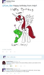 Size: 624x1071 | Tagged: safe, oc, oc only, oc:fausticorn, /mlp/, anon pony, birthday, birthday card, chest fluff, happy birthday lauren faust, heart, lauren faust, meta, text, twitter, word of faust
