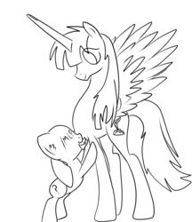 Size: 831x962 | Tagged: safe, artist:swampy, oc, oc only, oc:fausticorn, /mlp/, anon pony, happy birthday lauren faust, lineart, monochrome