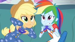 Size: 1920x1080 | Tagged: safe, screencap, applejack, rainbow dash, equestria girls, g4, my little pony equestria girls: rainbow rocks, clothes, controller, duo, faic, female, footed sleeper, frown, gritted teeth, pajamas, silly face, smiling, video game