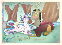 Size: 1800x1300 | Tagged: safe, artist:chocolateponi, discord, princess celestia, g4, bedroom eyes, blushing, eye contact, female, fluffy, grass, male, missing accessory, prone, ship:dislestia, shipping, smiling, straight, tree, wingless, younger