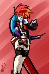 Size: 1024x1530 | Tagged: safe, artist:manic-the-lad, rainbow dash, equestria girls, g4, 20% cooler, belts, crossover, female, guilty gear, headband, smiling, sol badguy, solo