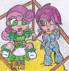 Size: 2121x2193 | Tagged: safe, artist:cuddlelamb, scootaloo, sweetie belle, human, g4, baby, cute, cutealoo, diaper, diasweetes, high res, humanized, playpen, traditional art