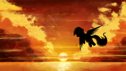 Size: 4800x2700 | Tagged: safe, artist:flamevulture17, rainbow dash, pegasus, pony, g4, flying, high res, scenery, silhouette, sunset