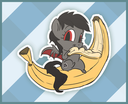 Size: 1079x876 | Tagged: safe, artist:assasinmonkey, oc, oc only, oc:qetesh, bat pony, pony, banana, chibi, cute, solo