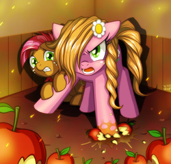 Size: 936x899 | Tagged: safe, artist:uotapo, idw, babs seed, sunflower (g4), earth pony, living apple, pony, g4, spoiler:comic, spoiler:comic32, apple, big sister instinct, duo, female, filly, foal, freckles, hiding, mare, open mouth, protecting, scared