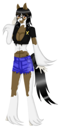 Size: 1024x2014 | Tagged: dead source, safe, artist:jasmine-lotus, oc, oc only, oc:dawn sketch, anthro, unguligrade anthro, abs, anthro oc, belly button, clothes, daisy dukes, deviantart watermark, front knot midriff, glasses, midriff, obtrusive watermark, watermark