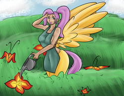 Size: 2000x1560 | Tagged: safe, artist:sterks, oc, oc only, oc:ivy, satyr, apron, breasts, clothes, female, flower, grin, lipstick, looking at you, naked apron, offspring, parent:fluttershy, plants, smiling, solo, spread wings, watering can