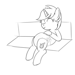 Size: 1000x1000 | Tagged: safe, artist:ldj, lyra heartstrings, g4, bench, diaper, female, meme, monochrome, non-baby in diaper, sitting, sitting lyra, solo