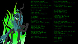 Size: 1366x768 | Tagged: safe, artist:lordpendragonofcaria, queen chrysalis, g4, green fire, judas priest, raised hoof, song reference, touch of evil, vector, wallpaper