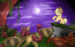 Size: 6352x3984 | Tagged: safe, artist:vinicius040598, applejack, manticore, g4, cliff, full moon, night