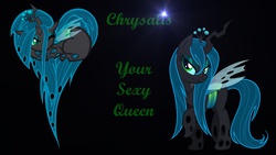 Size: 1920x1080 | Tagged: safe, artist:barrfind, artist:zantyarz, edit, queen chrysalis, changeling, changeling queen, g4, heart changeling, heart pony, lens flare, raised hoof, sultry pose, vector, wallpaper, wet mane