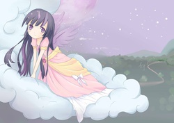 Size: 1659x1172 | Tagged: safe, artist:bahamut, twilight sparkle, alicorn, human, anime, clothes, cloud, coronation dress, dress, female, horn, horned humanization, humanized, looking at you, lying down, lying on a cloud, moe, night, on a cloud, solo, stars, winged humanization, wings