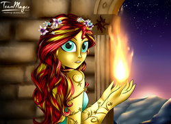 Size: 1024x745 | Tagged: safe, artist:teammagix, sunset shimmer, human, equestria girls, g4, female, fiery shimmer, fire, flower, solo