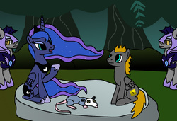 Size: 512x350 | Tagged: safe, artist:platinumdrop, princess luna, tiberius, oc, oc:platinumdrop, bat pony, pony, g4, night guard