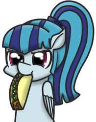 Size: 480x612 | Tagged: safe, artist:memorible, sonata dusk, pegasus, pony, g4, cute, female, looking at you, nom, ponified, solo, sonatabetes, sonataco, taco, that girl sure loves tacos, that pony sure does love tacos, that siren sure does love tacos, wings