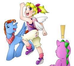 Size: 1760x1561 | Tagged: safe, artist:prettywitchdoremi, danny williams, spike (g1), surprise, dragon, human, pegasus, pony, g1, g3, adoraprise, baby, baby dragon, bloomers, bow, clothes, cute, cutie mark on clothes, dannybetes, exclamation point, fake wings, female, g1 spikabetes, g1 to g3, generation leap, humanized, male, ponified, ponytail, running, scarf, shoes, simple background, species swap, stallion, tank top, transparent background, wat