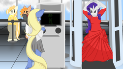Size: 5760x3240 | Tagged: safe, artist:kryzx, rarity, oc, anthro, unguligrade anthro, g4, airport, anthro oc, body scanner, clothes, commission, dress, scanner, security, security officer, terminal