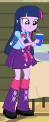 Size: 287x720 | Tagged: safe, screencap, twilight sparkle, equestria girls, g4, my little pony equestria girls: rainbow rocks, backpack, boots, clothes, confused, cup, high heel boots, humans doing horse things, punch (drink), punch bowl, skirt, twilight sparkle (alicorn)