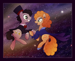 Size: 618x504 | Tagged: safe, artist:lissystrata, doctor whooves, time turner, earth pony, pony, g4, clothes, doctor who, duo, eleventh doctor, floating, hat, male, ponified, river song (doctor who), space, stallion, stars, the doctor, zero gravity