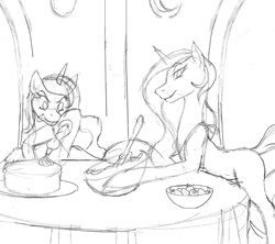 Size: 2444x2175 | Tagged: safe, artist:nauth, princess celestia, princess luna, g4, baking, cake, castle of the royal pony sisters, high res, monochrome