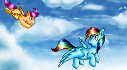 Size: 3600x2000 | Tagged: safe, rainbow dash, scootaloo, g4, cloud, cloudy, high res, scootaloo can fly, sky